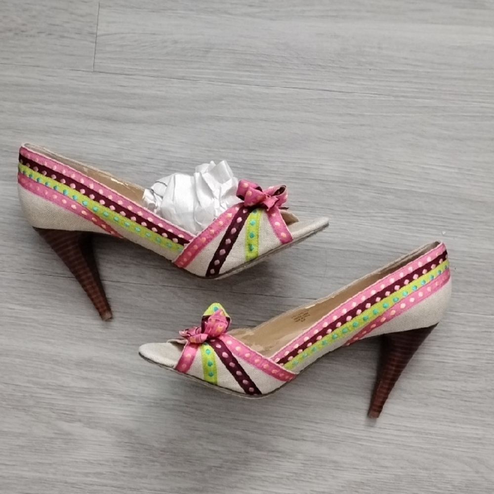 Unisa Cream Peep-Toe Heels with Pink, Green Accents